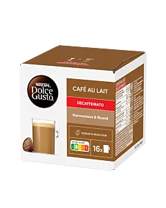 Nescaf&eacute; Caf&eacute; au Lait Decaf package and capsule for Dolce Gusto