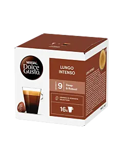 Nescaf&eacute; Lungo Intenso pakke og kapsel for Dolce Gusto