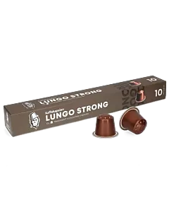 Kaffekapslen Lungo Strong Premium pakke og kapsel til Nespresso
